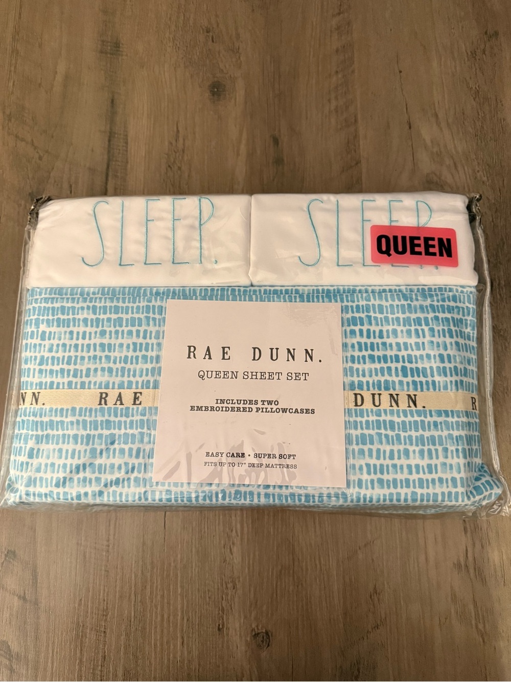 Rae Dunn Blue & White Queen Sheet Set with Embroidered 'SLEEP' Pillowcases